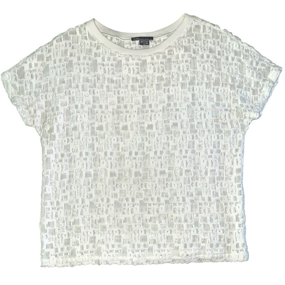 VINCE White Cotton Semi-sheer Textured Pullover Short Sleeve T-Shirt XS